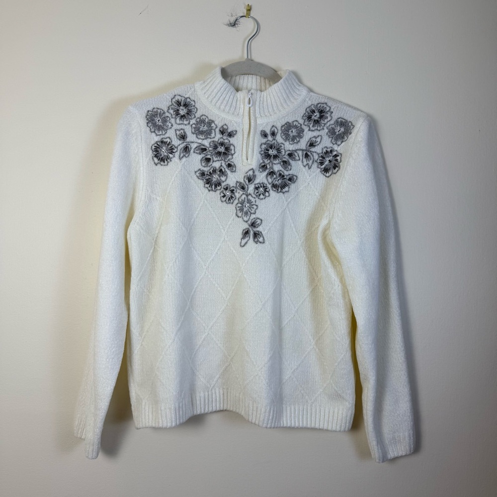 Alfred Dunner Womens Cream‎ Floral Embroidered Mock-Neck Sweater Petite Medium